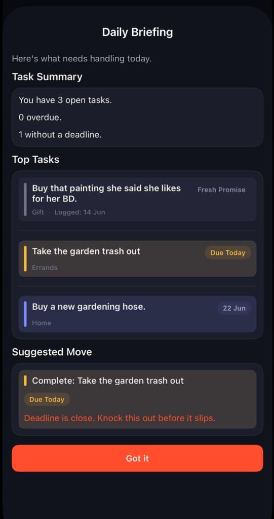 Daily Briefing showing prioritized tasks and a suggested move
