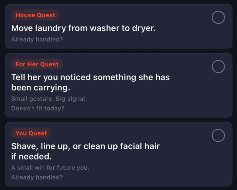 Daily quests for house, partner, and personal upkeep