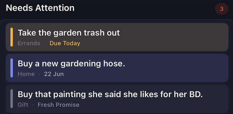 Needs Attention list with ranked tasks and due dates