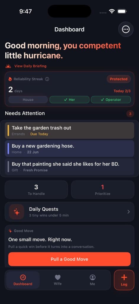 HusbandOS dashboard with reliability streak, priorities, and quick actions