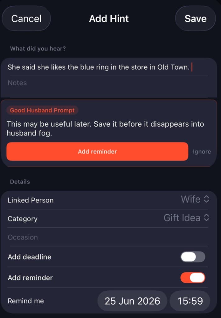 Add Hint screen with Good Husband Prompt for a gift idea