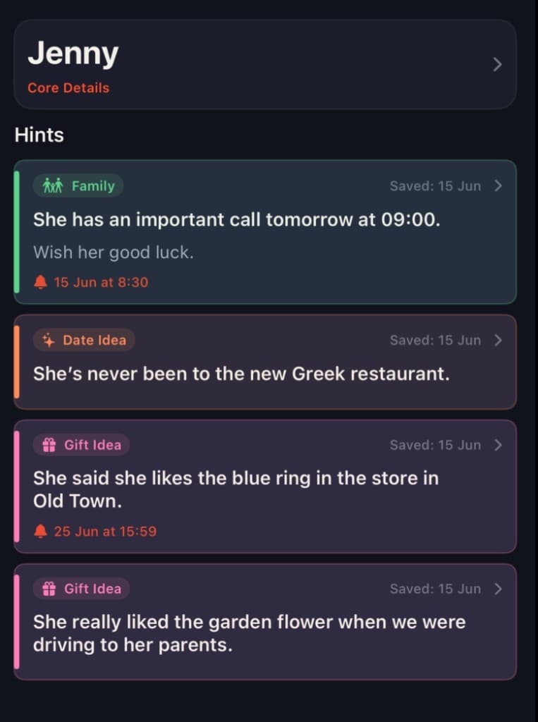 Hints list with gift ideas, date ideas, and family reminders